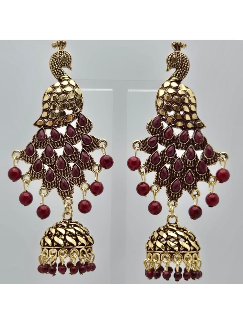 ✨2/$10✨Large Gold and Red Peacock Kundan Jhumka Traditional Earrings 3.5''
